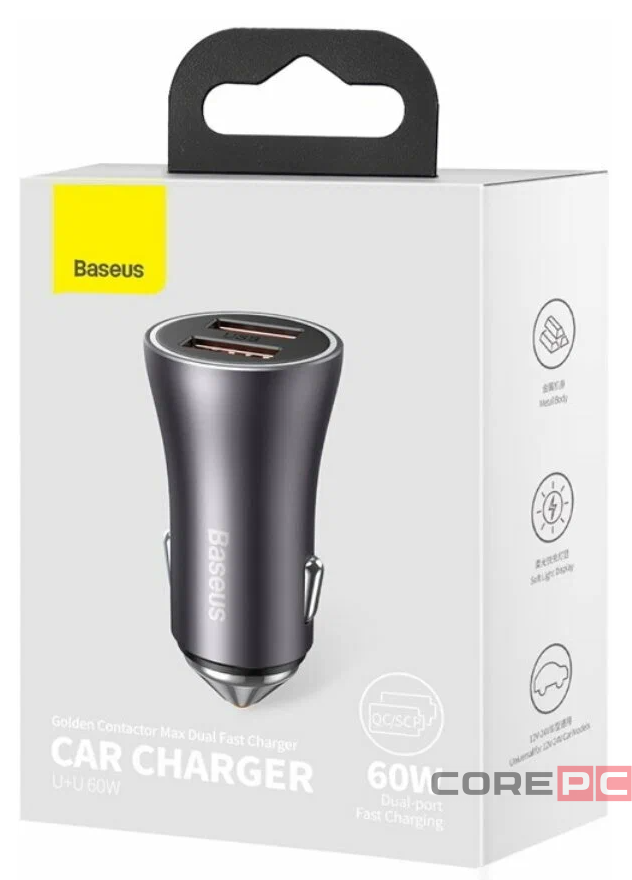 Автомобильное заряд. устр. Baseus Golden Contactor Max Dual Fast Charger 2USB 60W CGJM000013 серое