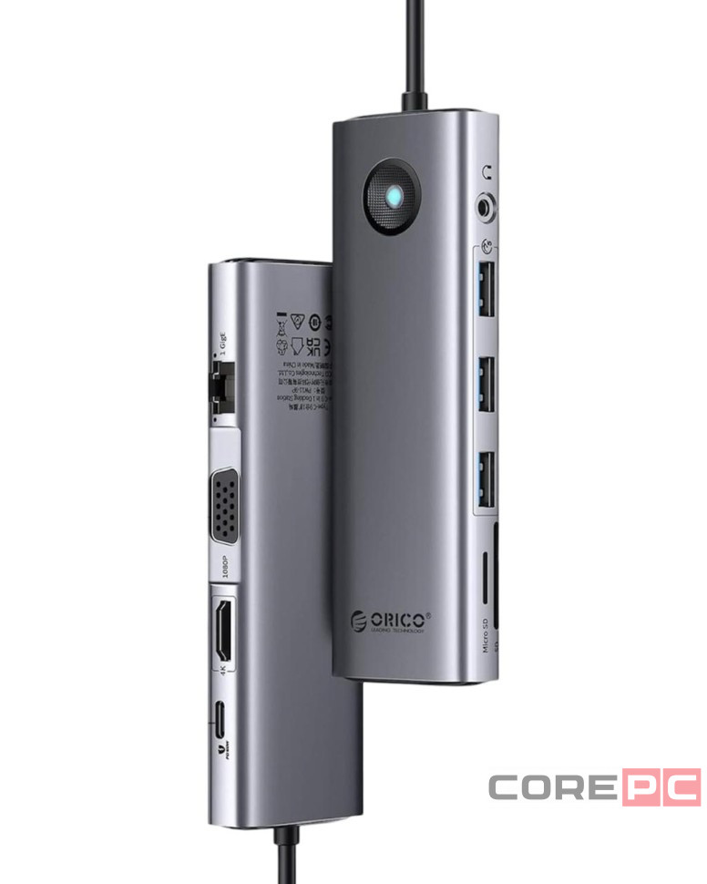 Кабель-переходник Orico PW11-10P Type-C на HDMI/USB3.0x3/USB-C/MicroSD/TF/AUX/VGA/RJ45 серый