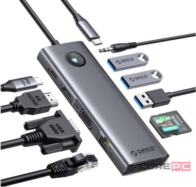 Кабель-переходник Orico PW11-10P Type-C на HDMI/USB3.0x3/USB-C/MicroSD/TF/AUX/VGA/RJ45 серый