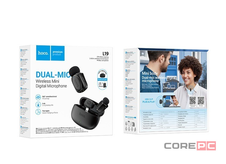 Беспроводной микрофон Hoco L19 петличка/Lightning/Type-C черный