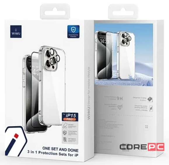 Комплект защиты 3 в 1 Wiwu (WI-IP001) для Apple iPhone 15 Pro Max (чехол/стекло/стекло для камеры)