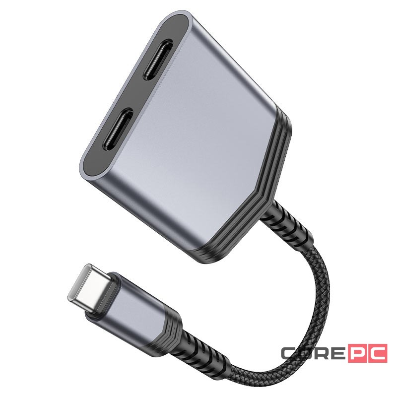 Кабель-переходник Hoco LS40 Type-C (папа) на 2USB-C (мама) серый