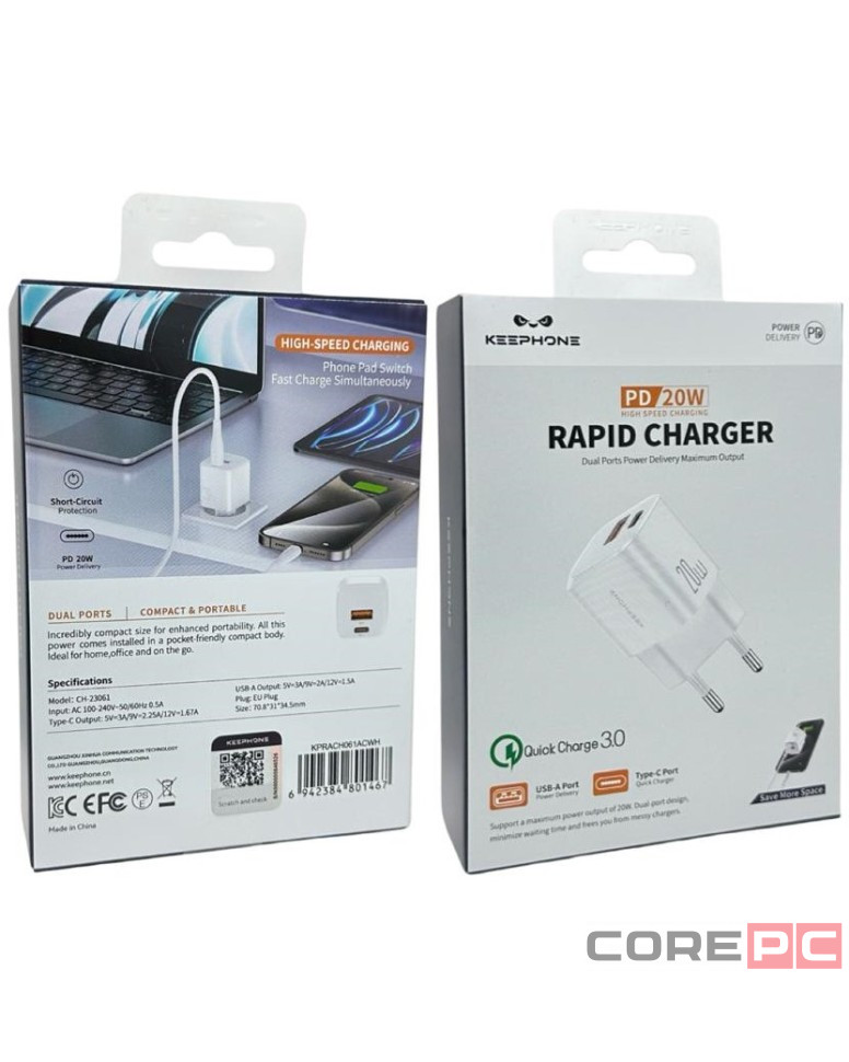 Сетевое зар. устр. Keephone CH-23061 1USB/1C 20W белое