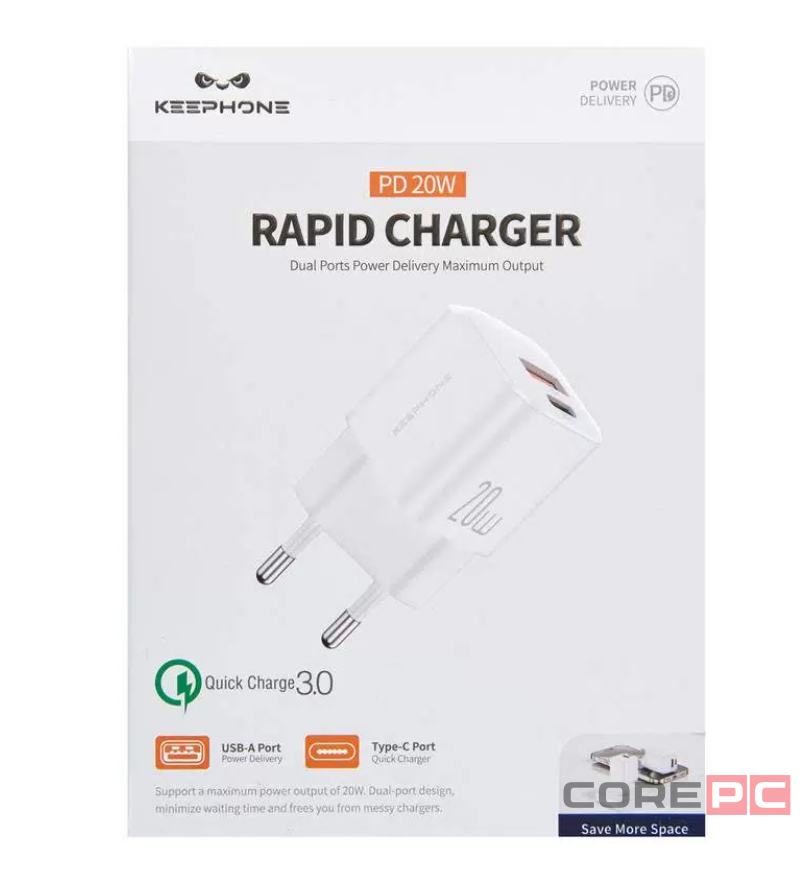 Сетевое зар. устр. Keephone CH-23061 1USB/1C 20W белое