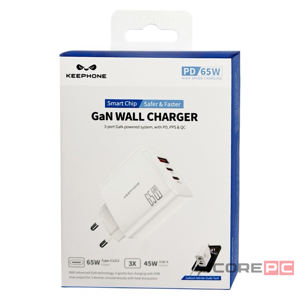 Сетевое зар. устр. Keephone CH-23121 GaN 1USB/2C 65W белое