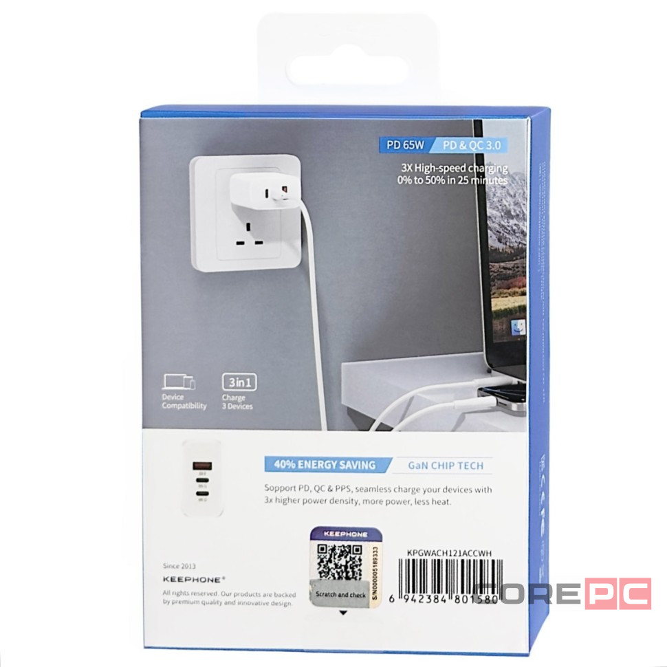 Сетевое зар. устр. Keephone CH-23121 GaN 1USB/2C 65W белое