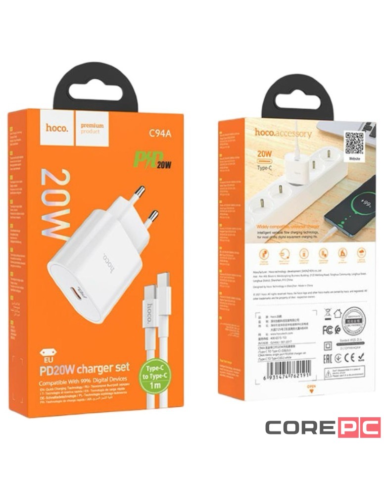 Сетевое зар. устр. Hoco C94A с шнуром Type-C на Type-C 1C 20W белое