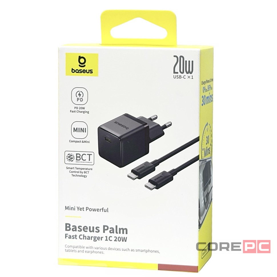 Сетевое зар. устр. Baseus Palm Fast Charger 1C 20W кабель Type-C на Type-C (P10111602113-01) черное
