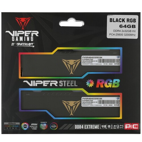 Оперативная память 64 GB 3200 MHz PATRIOT VIPER STEEL RGB (PVSR464G320C8K)