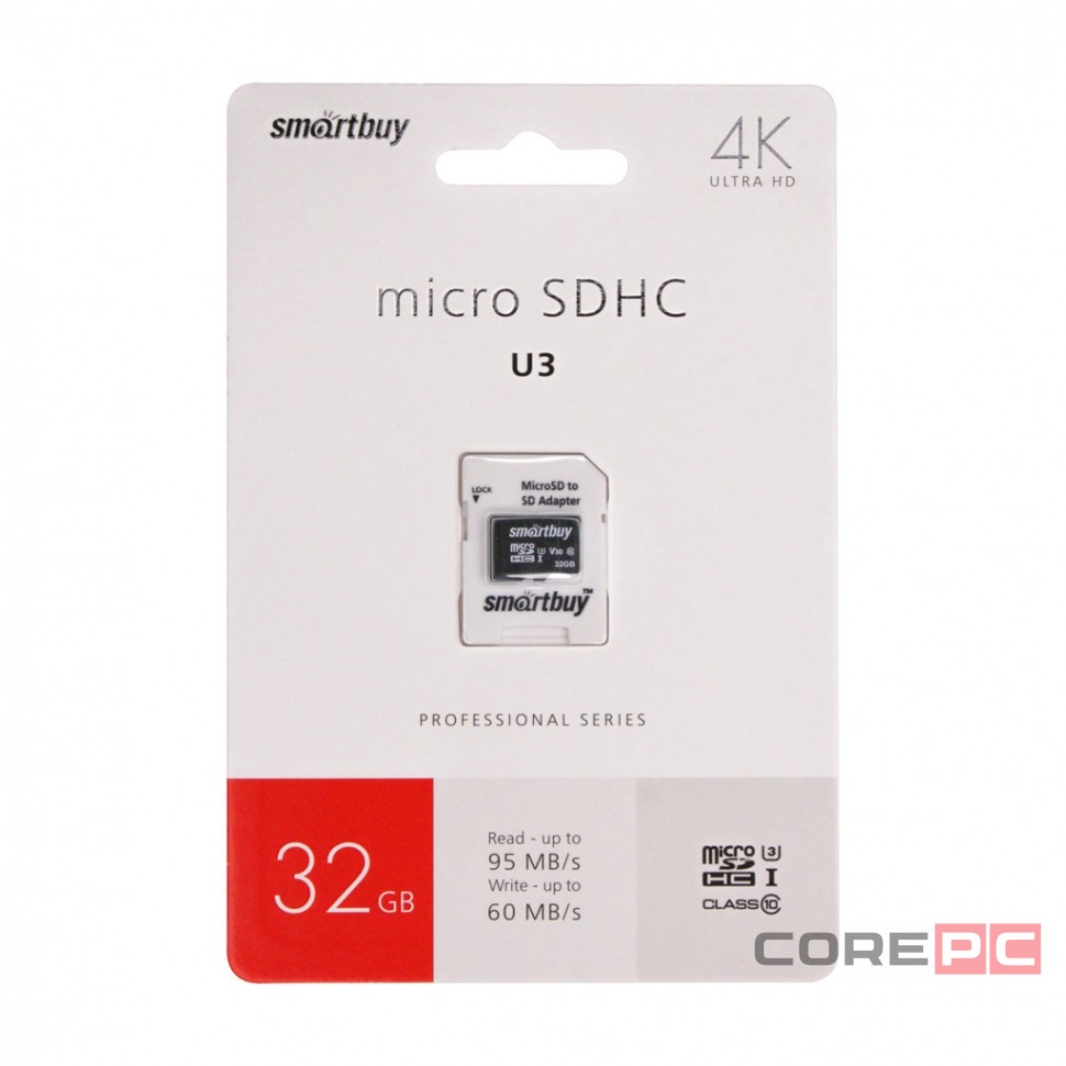 micro SDHC карта памяти Smartbuy 32GB Class 10 PRO UHS-I(U3) R/W:90/80 MB/s (с адаптером SD)