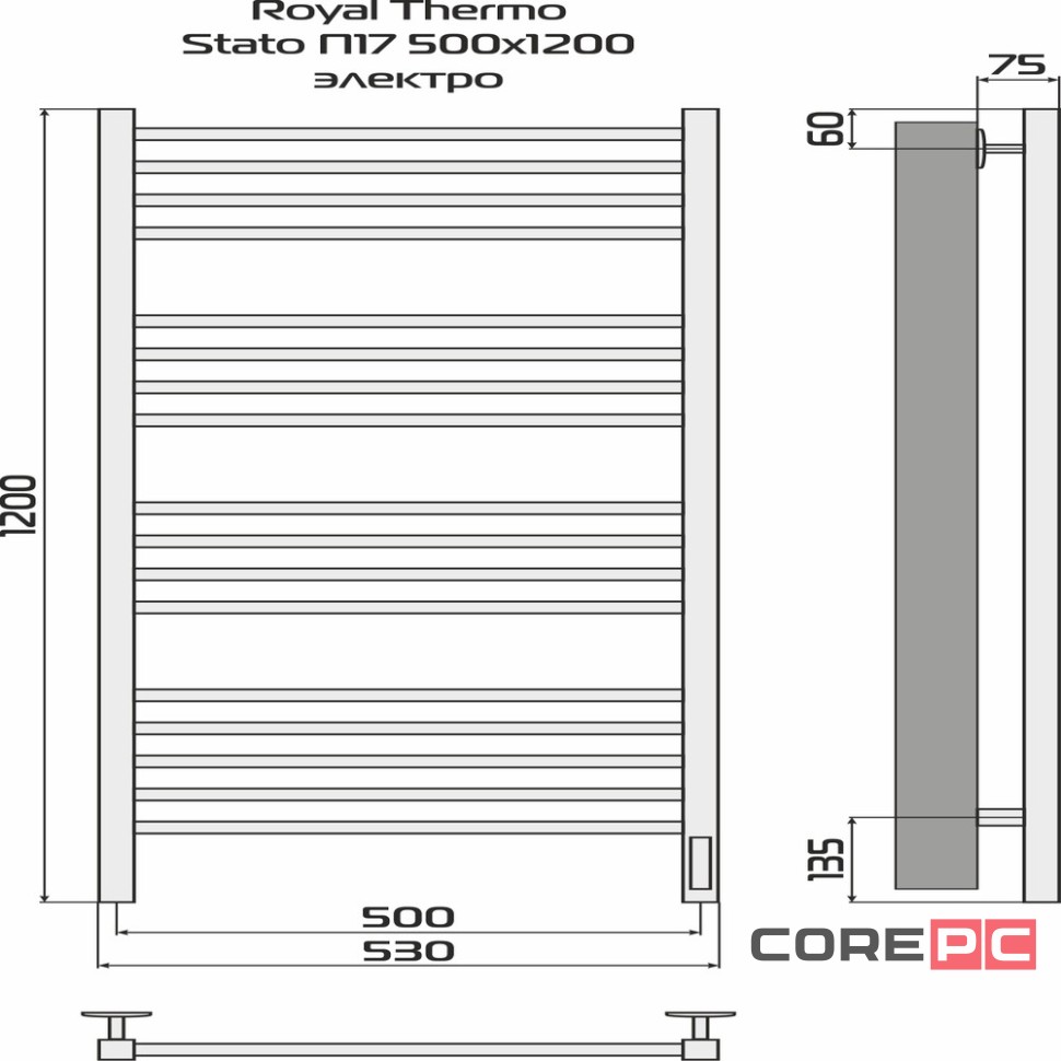 Полотенцесушитель Royal Thermo Stato П17 500х1200 электро (встроен. диммер) черный