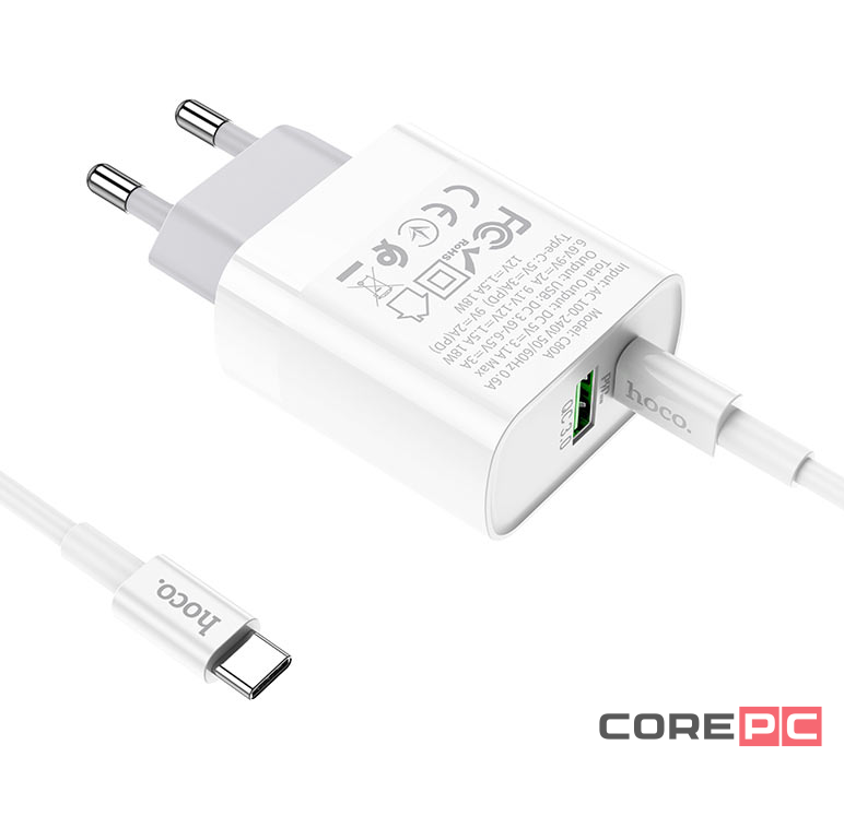 Сетевое зар. устр. Hoco C80A с шнуром Type-C на Type-C 1USB/1С PD3.0/QC3.0 20W/18W белое
