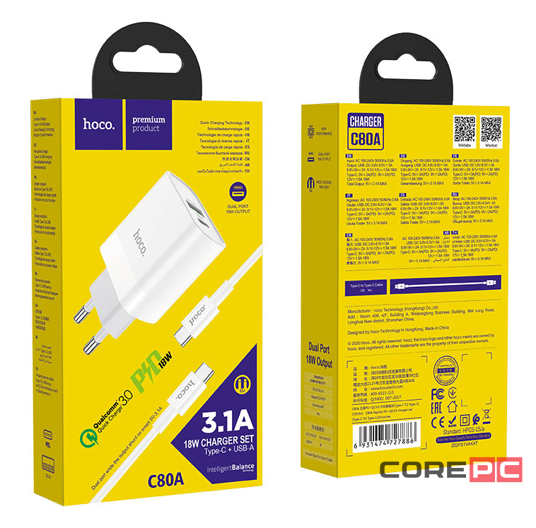Сетевое зар. устр. Hoco C80A с шнуром Type-C на Type-C 1USB/1С PD3.0/QC3.0 20W/18W белое