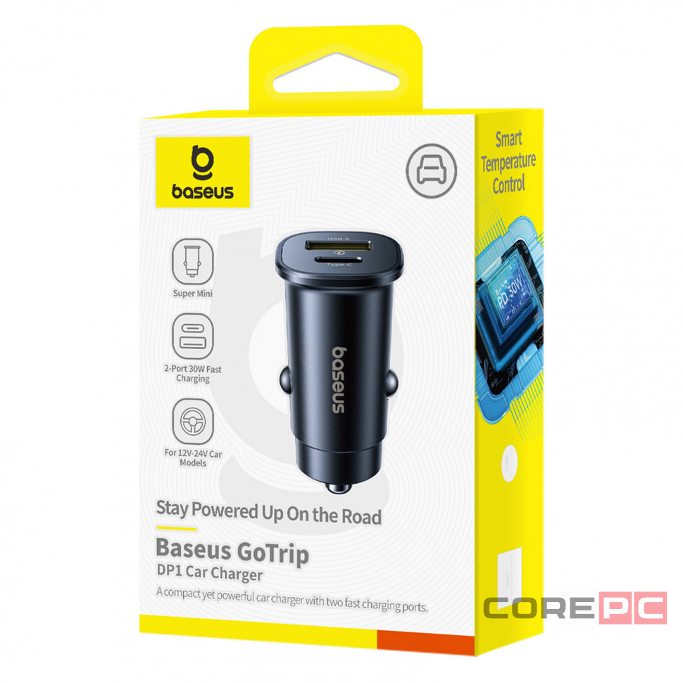 Автомобильное заряд. устр. Baseus GoTrip 1USB/1C 30W (C00072300123-00) черное