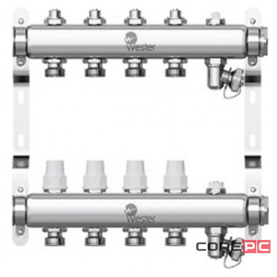 Коллектор Wester нерж. 1quot;-3/4 в сборе на 4 выхода с 2 заглушками, W903.4