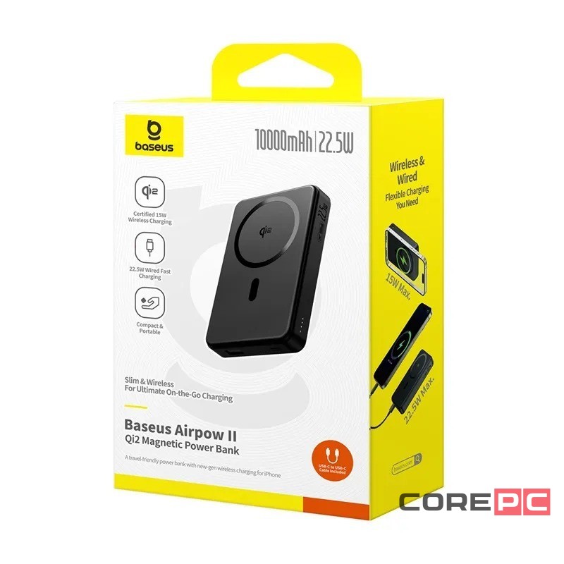 Powerbank с беспроводной зарядкой Baseus Airpow II Qi2 10000mAh 22.5W P10080000123-00 черный