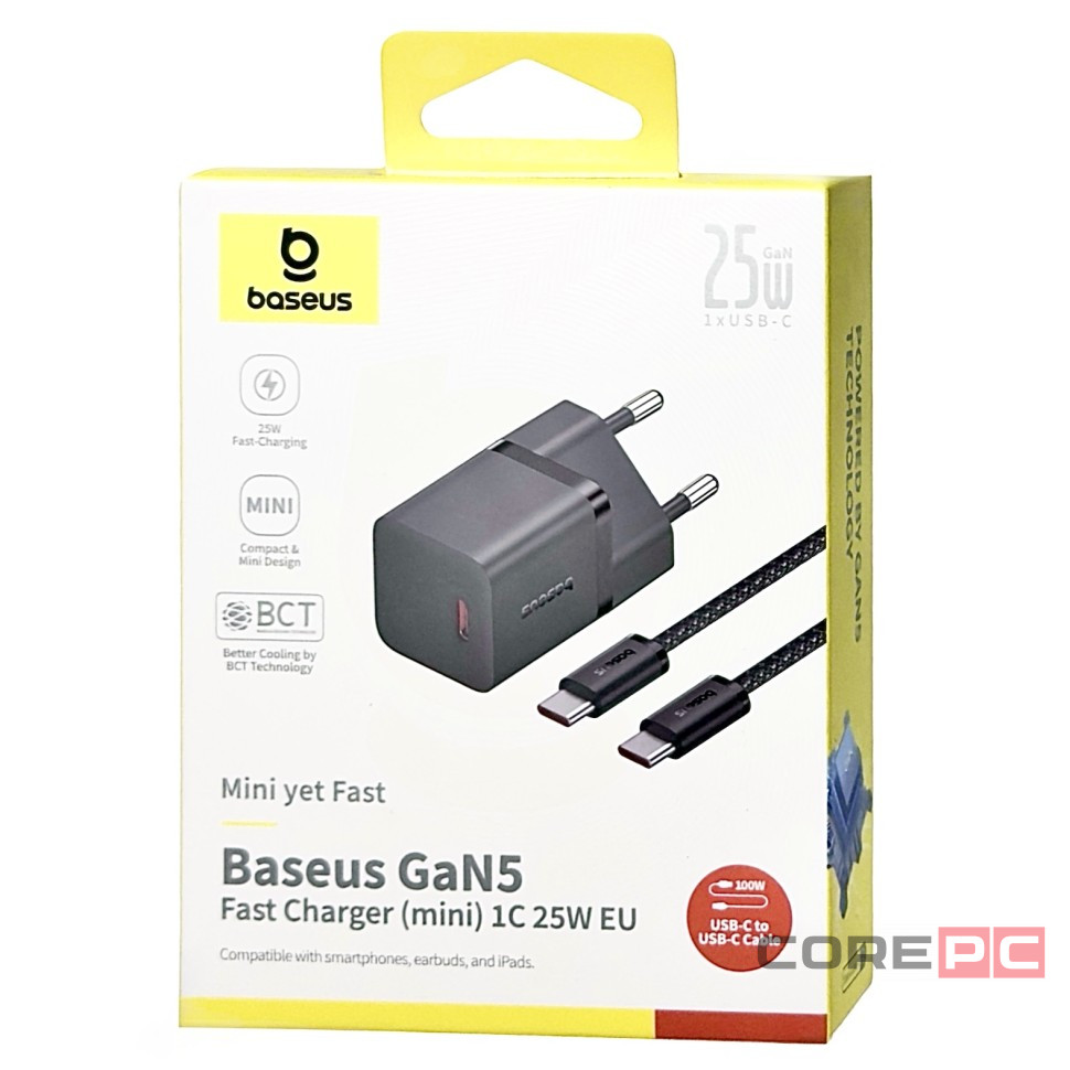 Сетевое зар. устр. Baseus GaN5 Mini 1C кабель Type-C на Type-C 25W P10110909113-01 черное