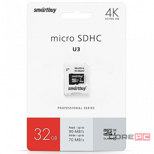 micro SDHC карта памяти Smartbuy 32GB Class 10 PRO U3 R/W:95/60 MB/s (с адаптером SD)