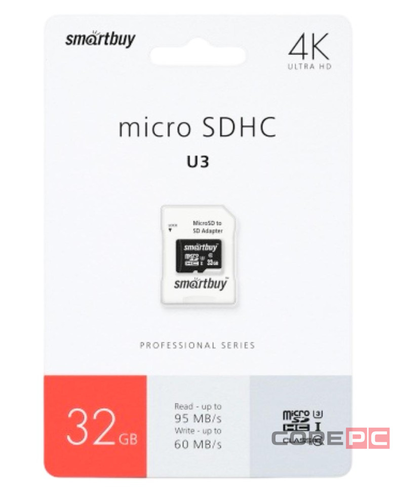 micro SDHC карта памяти Smartbuy 32GB Class 10 PRO U3 R/W:95/60 MB/s (с адаптером SD)