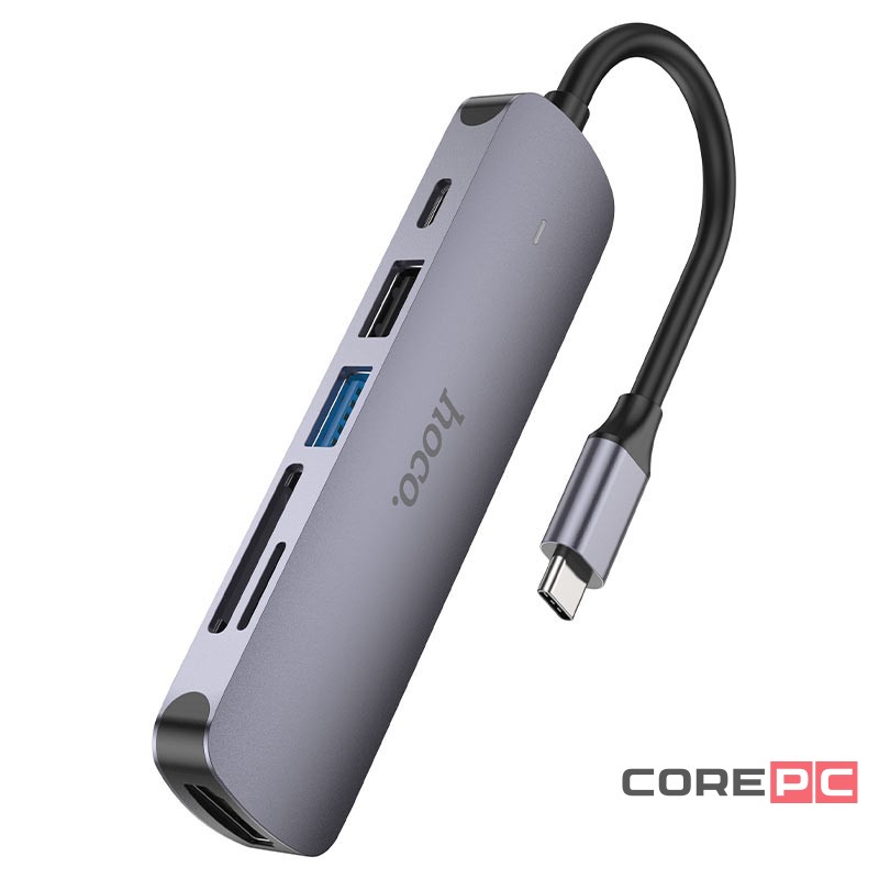 Кабель-переходник Hoco HB28 Type-C на HDMI/USB3.0/USB2.0/USB-C/MicroSD/SD серый