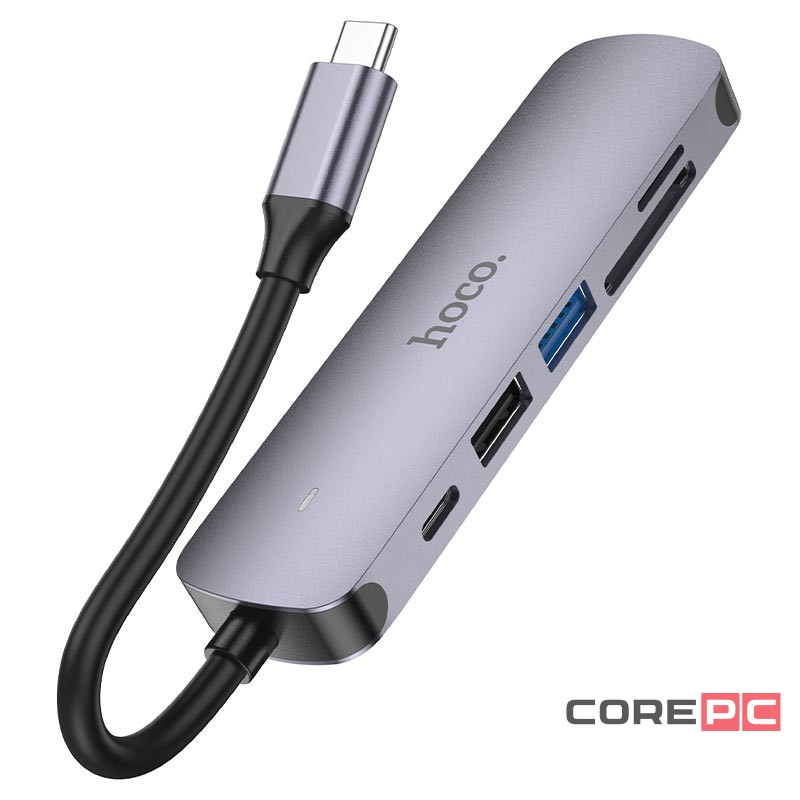 Кабель-переходник Hoco HB28 Type-C на HDMI/USB3.0/USB2.0/USB-C/MicroSD/SD серый