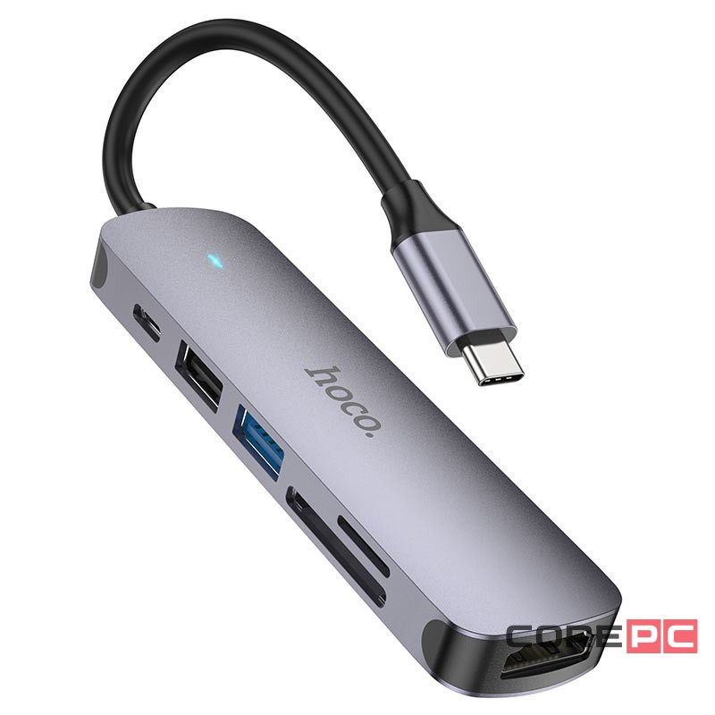 Кабель-переходник Hoco HB28 Type-C на HDMI/USB3.0/USB2.0/USB-C/MicroSD/SD серый