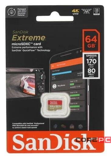 micro SDXC карта памяти SanDisk 64GB Class10 Extreme UHS-I U3 (170 Mb/s) без адаптера SDSQXAH-064G-G