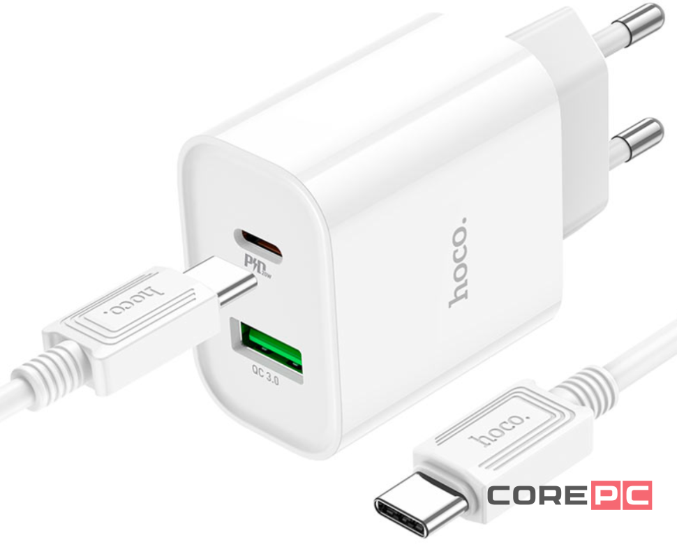 Сетевое зар. устр. Hoco C80A Plus с шнуром Type-C на Type-C 1USB/1С PD3.0/QC3.0 20W/18W белое