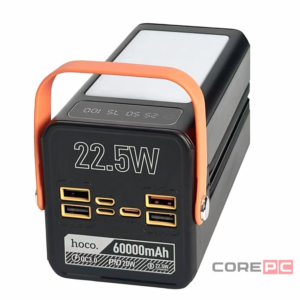 Powerbank Hoco DB49A 60000mAh 4USB/1C/Micro/Lightning с проводом Type-C/Lightning с фонариком черный