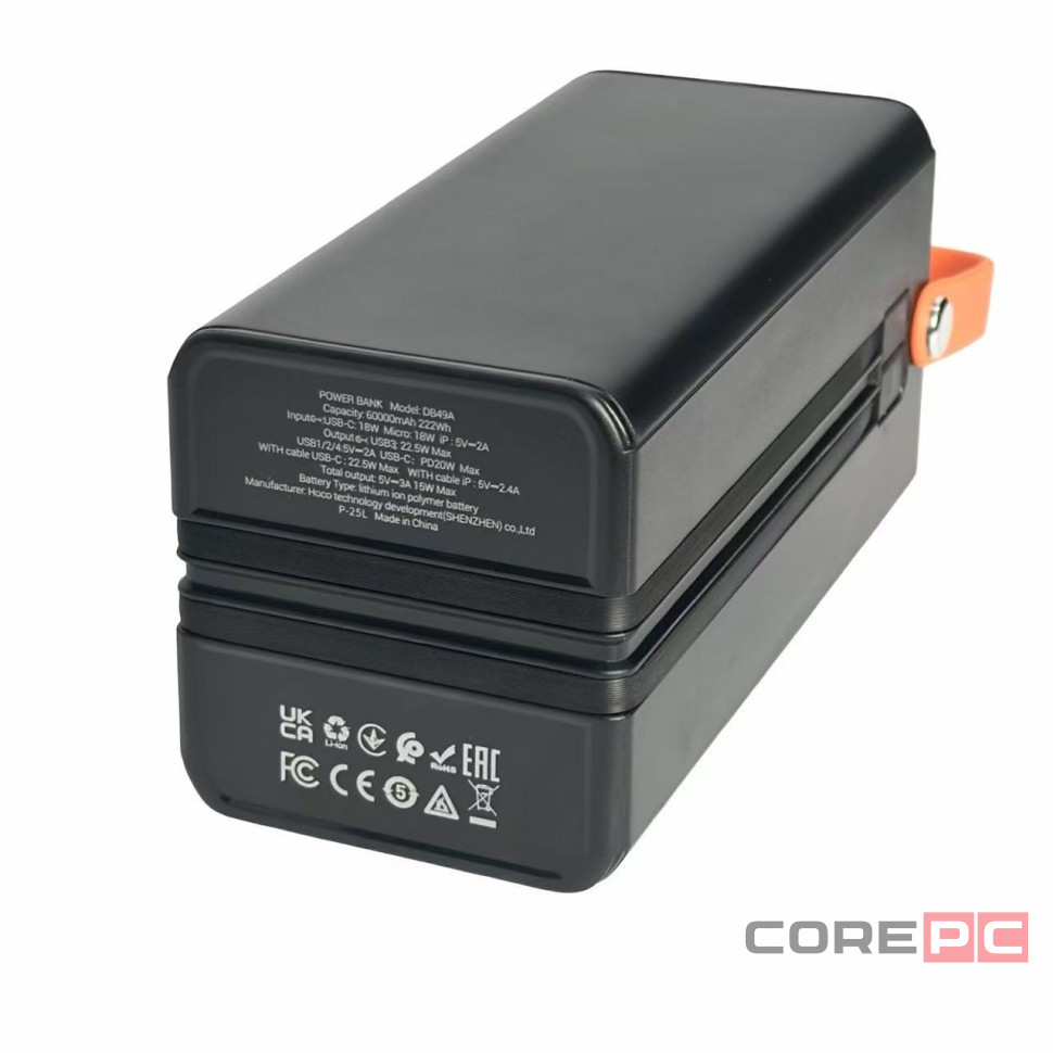 Powerbank Hoco DB49A 60000mAh 4USB/1C/Micro/Lightning с проводом Type-C/Lightning с фонариком черный