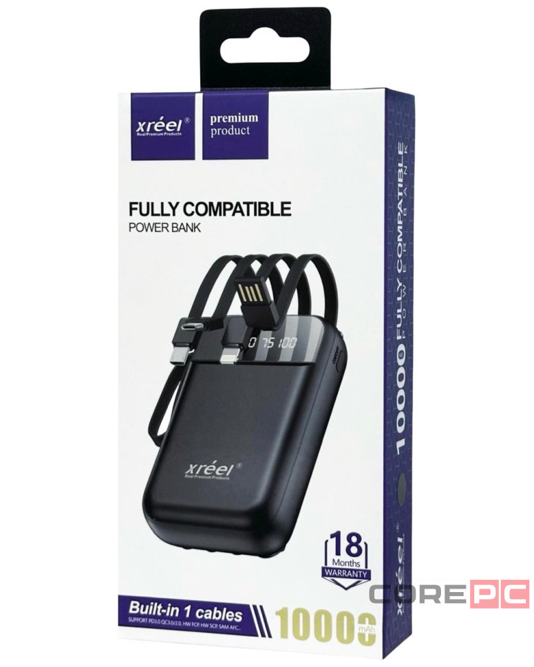 Powerbank Xreel 10000mAh 2USB/1USB-C с проводом Type-C/Lightning/Micro черный