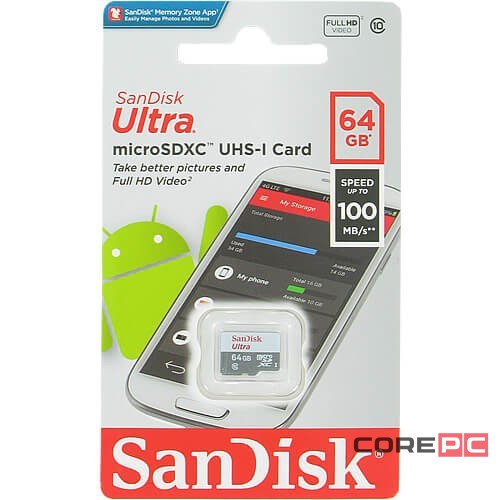 micro SDXC карта памяти SanDisk 64GB Class 10 UHS-1 Ultra 100MB/s без адапт. (SDSQUNR-064G-GN3MN)