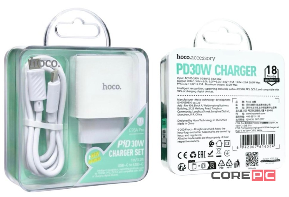 Сетевое зар. устр. Hoco C76A Pro с шнуром Type-C на Type-C 30W белое