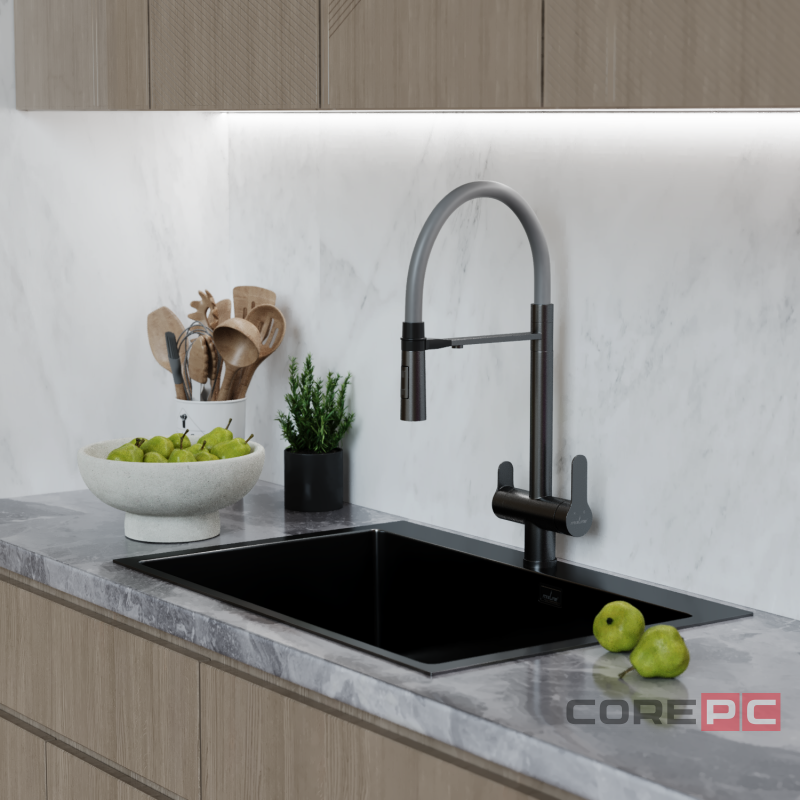 Смеситель для кухни MIXLINE МЛНС-0401Г/MLSS-0401BL серый, рычажное управление, цвет черный графит/серый