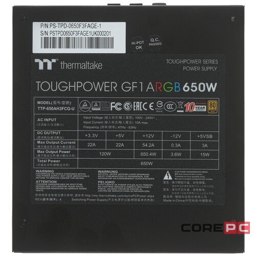 Блок питания Thermaltake 650W TOUGHPOWER GF1 ARGB PS-TPD-0650F3FAGE-1