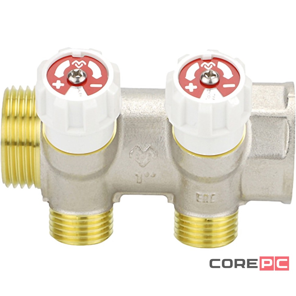 Коллектор распределительный VARMEGA с запорными клапанами 1х3/4, 2 выхода, евро конус