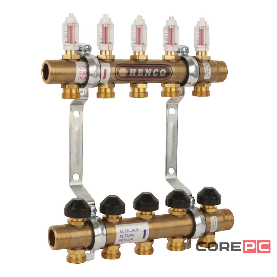 Группа коллекторная HENCO латунная с расходомером, 1quot;M - 10 x 3/4quot;EK