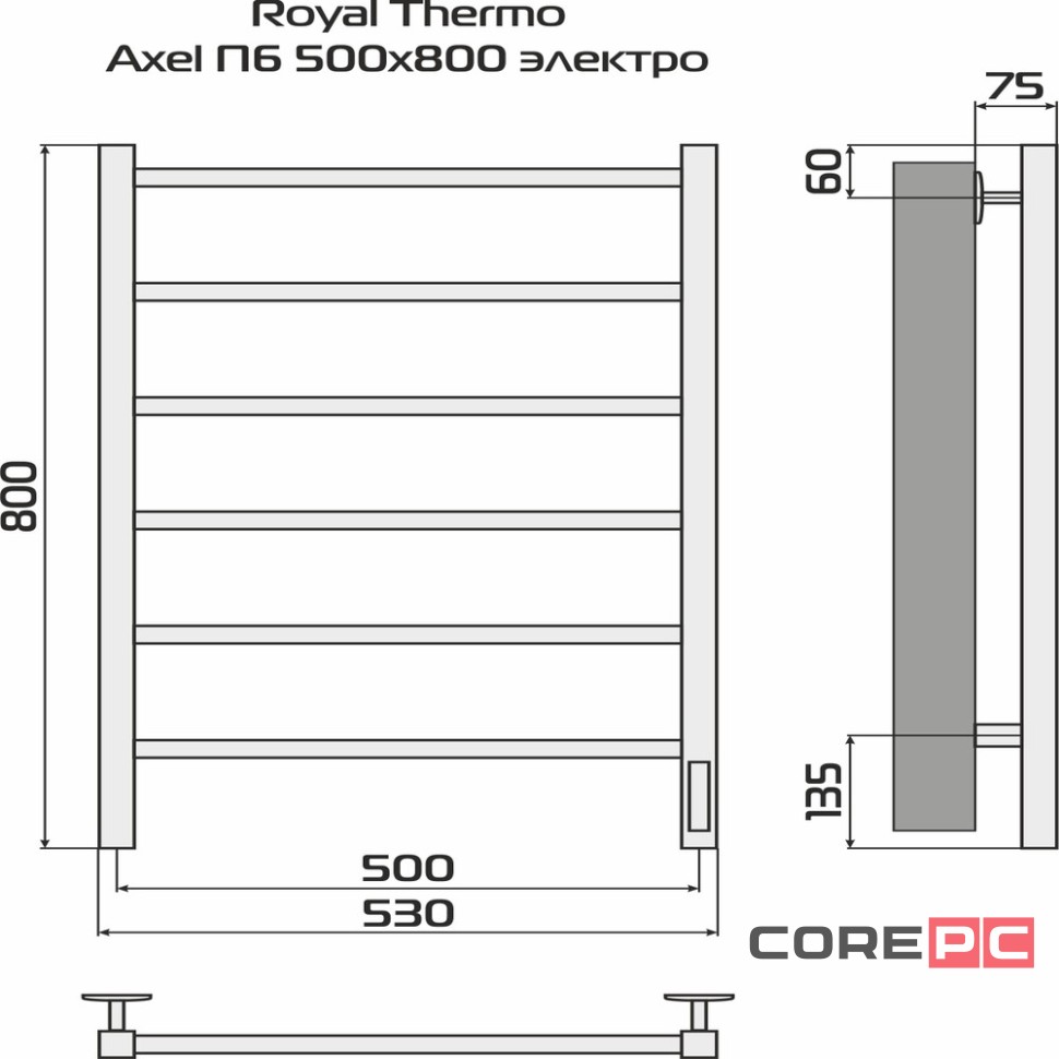 Полотенцесушитель Royal Thermo Axel П6 500х800 электро (встроен. диммер) черный