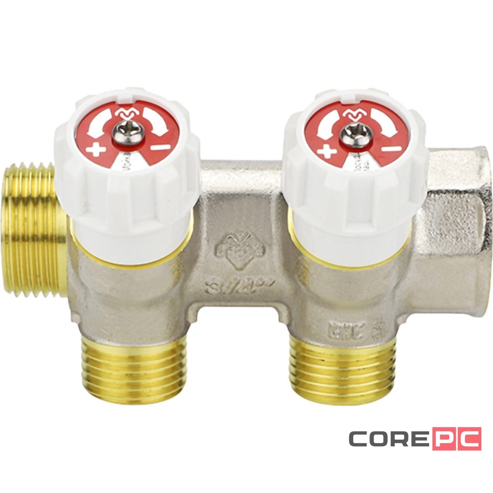 Коллектор распределительный VARMEGA с запорными клапанами 3/4 х3/4, 2 выхода, евро конус