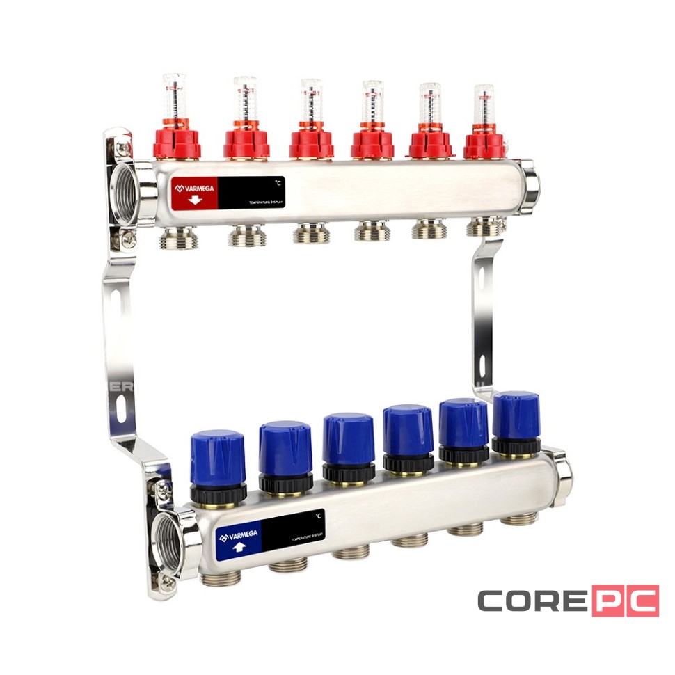 Группа коллекторная с расх. VARMEGA VM15106 ВР 1quot;, под 130 насос, на 6 конт. 3/4quot; EK, нерж. сталь