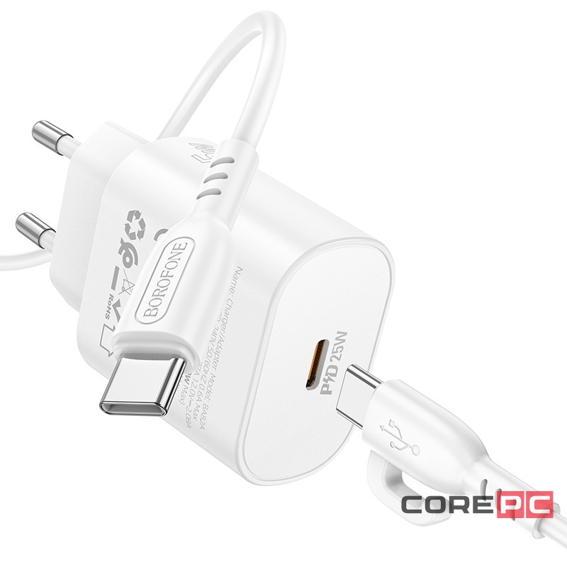 Сетевое зар. устр. Borofone BA82A с кабелем Type-C на Type-C 1C 25W 3A белое