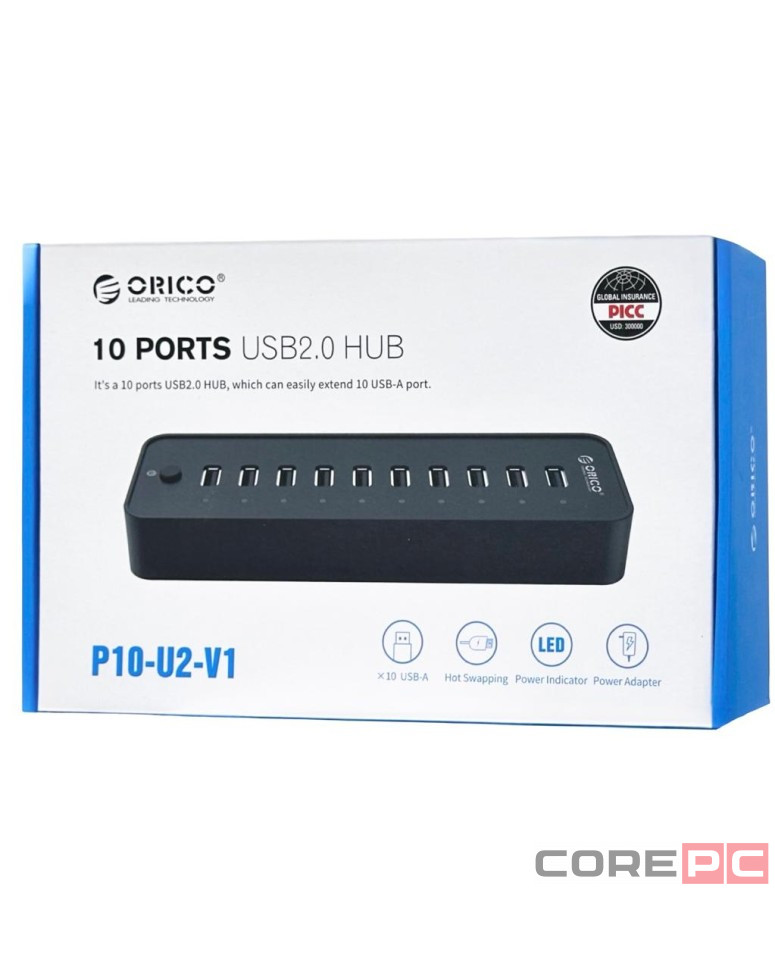 USB-хаб Orico P10-U2-V1-BK-BP USB2.0x10 черный