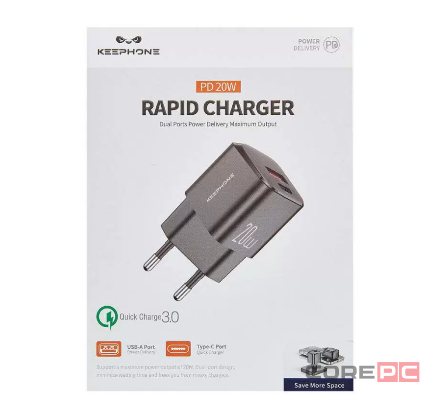 Сетевое зар. устр. Keephone CH-23061 1USB/1C 20W черное
