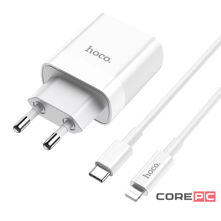 Сетевое зар. устр. Hoco C80A с шнуром Type-C на Lightning 1USB/1С PD3.0/QC3.0 3A 20W белое
