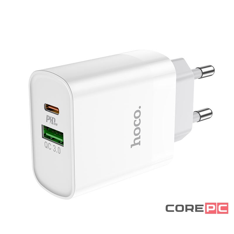 Сетевое зар. устр. Hoco C80A с шнуром Type-C на Lightning 1USB/1С PD3.0/QC3.0 3A 20W белое
