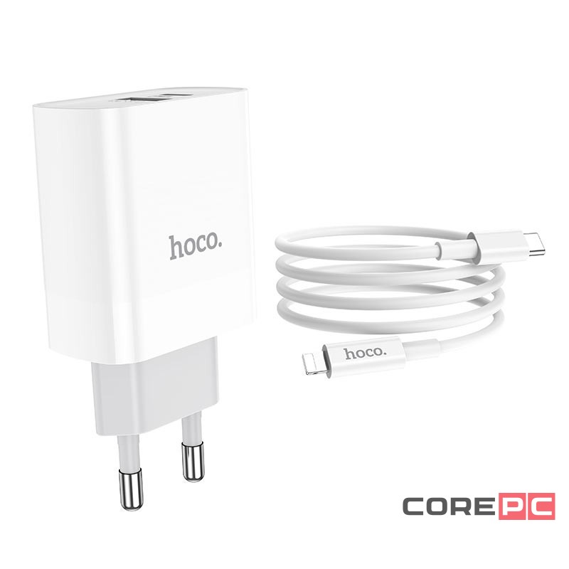 Сетевое зар. устр. Hoco C80A с шнуром Type-C на Lightning 1USB/1С PD3.0/QC3.0 3A 20W белое