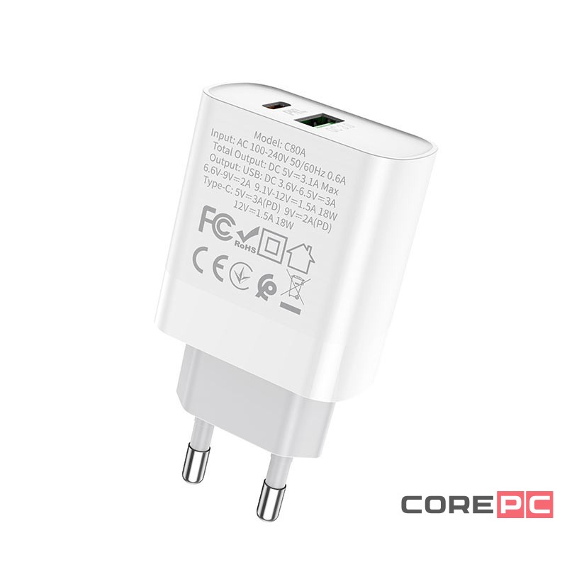 Сетевое зар. устр. Hoco C80A с шнуром Type-C на Lightning 1USB/1С PD3.0/QC3.0 3A 20W белое