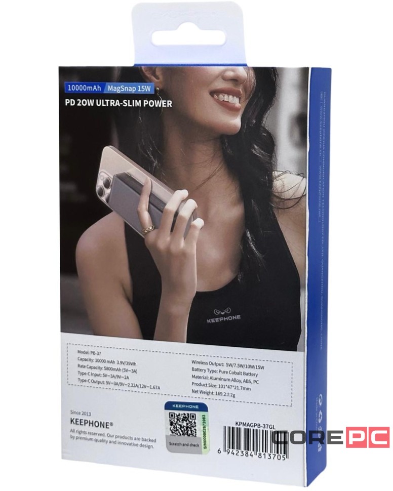 Powerbank с беспроводной зарядкой Keephone PB-37 10000mAh 1C 20W KPMAGPB-37GL серый