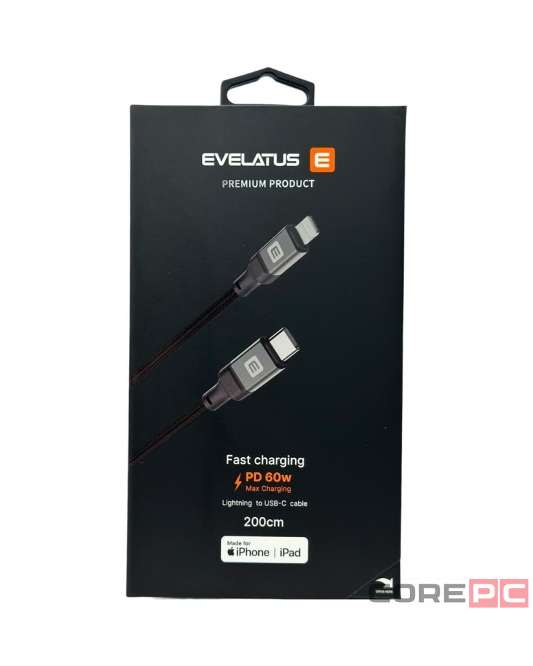 Usb Кабель-зарядка Type-C на Lightning Evelatus 60W 2м в тканевой оплетке черный