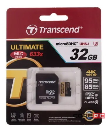 micro SDHC карта памяти Transcend 32GB Class 10 UHS-I U3 633X 95/85 Mb (с адаптером SD)